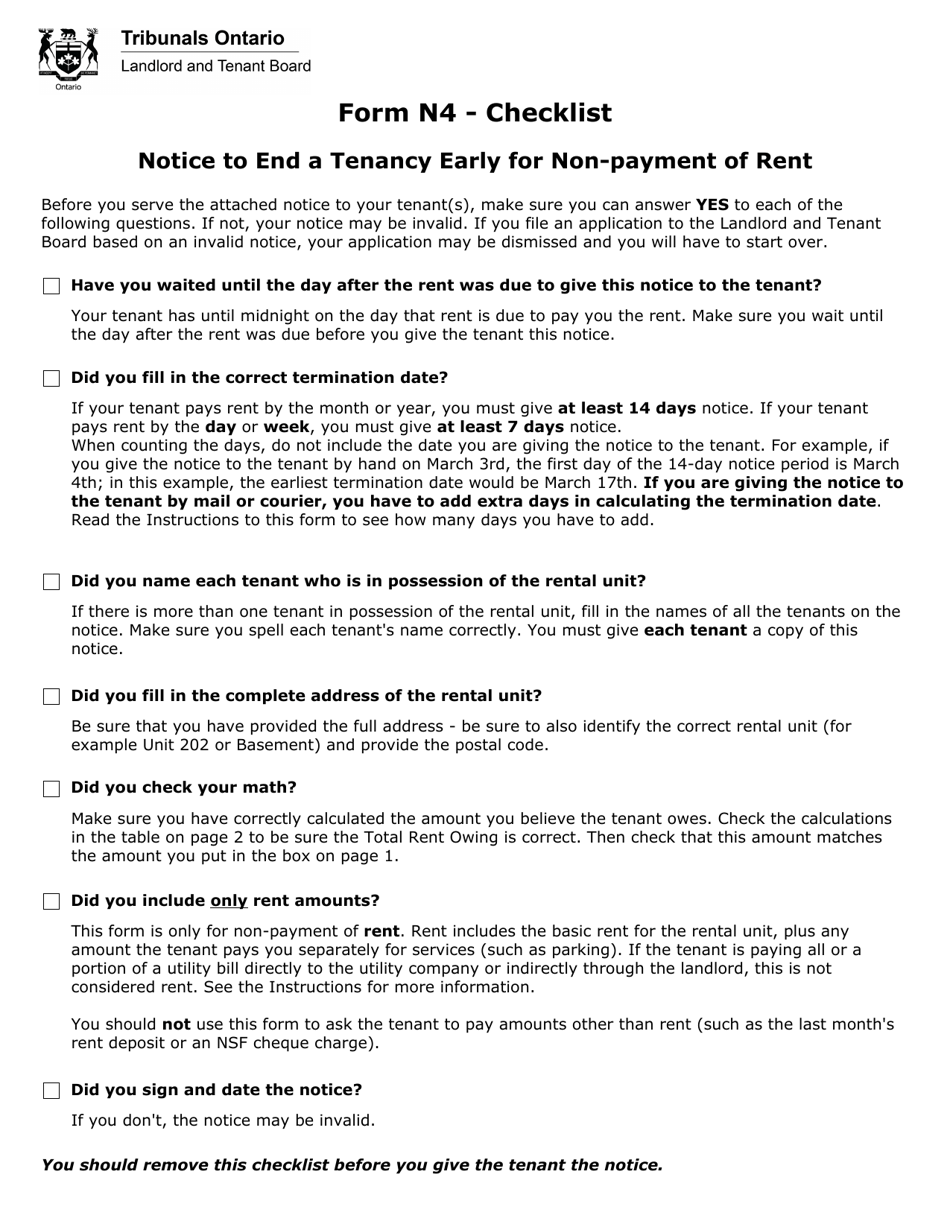 Form N4 Notice to End Your Tenancy for Non-payment of Rent - Ontario, Canada, Page 1