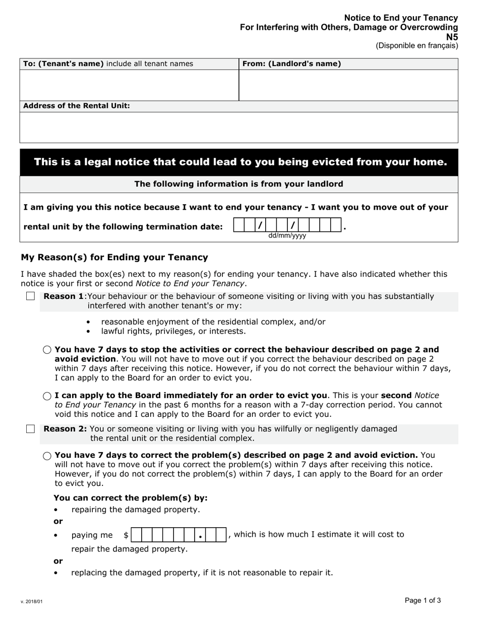 Form N5 Notice to End Your Tenancy for Interfering With Others, Damage or Overcrowding - Ontario, Canada, Page 1