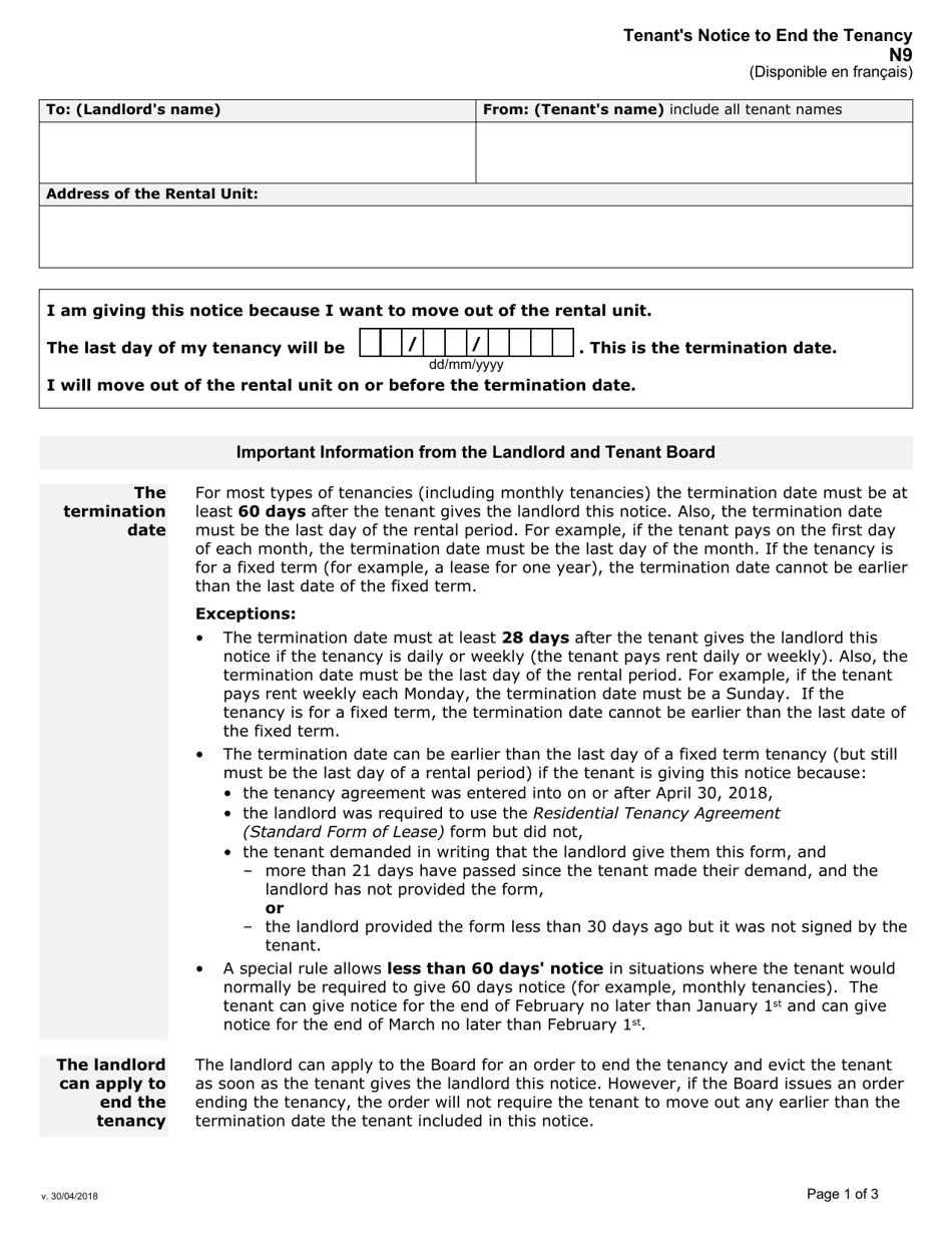 Form N9 Tenants Notice to End the Tenancy - Ontario, Canada, Page 1