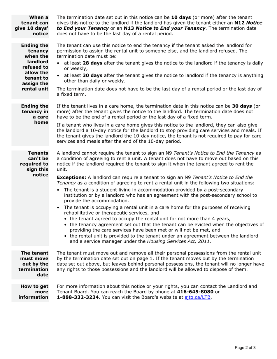 Form N9 Tenants Notice to End the Tenancy - Ontario, Canada, Page 2