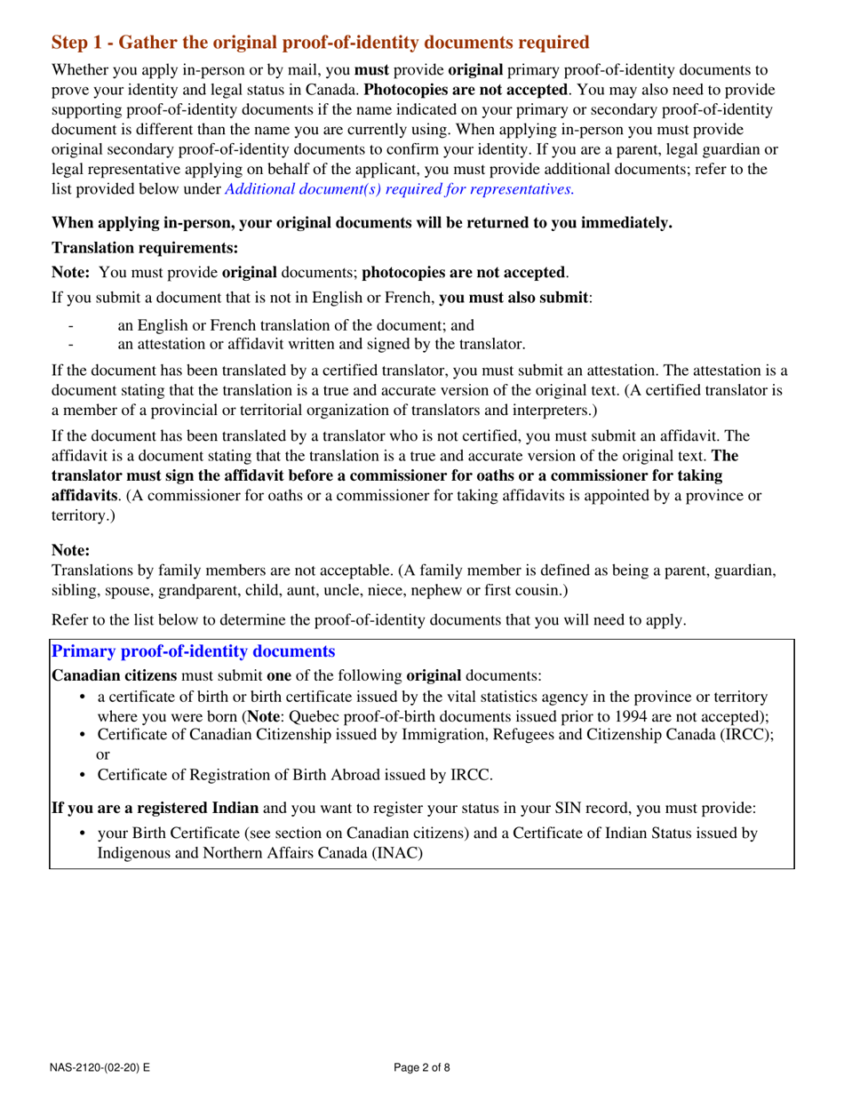 Form NAS-2120 Social Insurance Number Application - Canada, Page 2