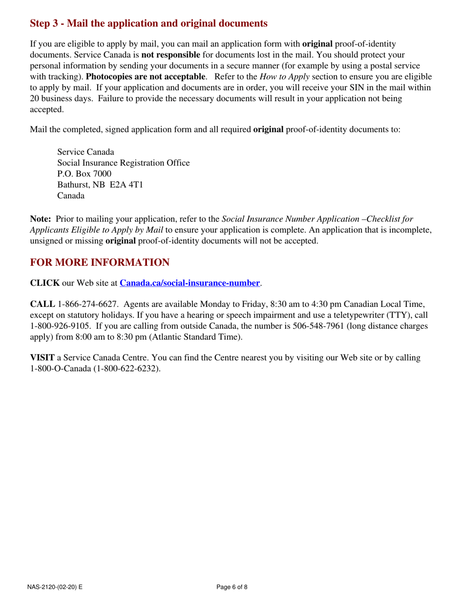 Form NAS-2120 Social Insurance Number Application - Canada, Page 6