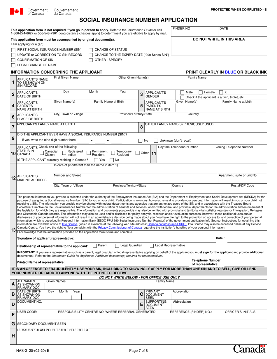 Form NAS-2120 Social Insurance Number Application - Canada, Page 7