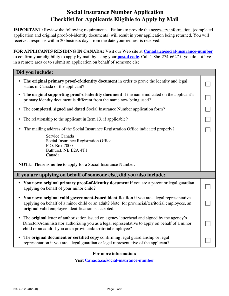 Form NAS-2120 Social Insurance Number Application - Canada, Page 8