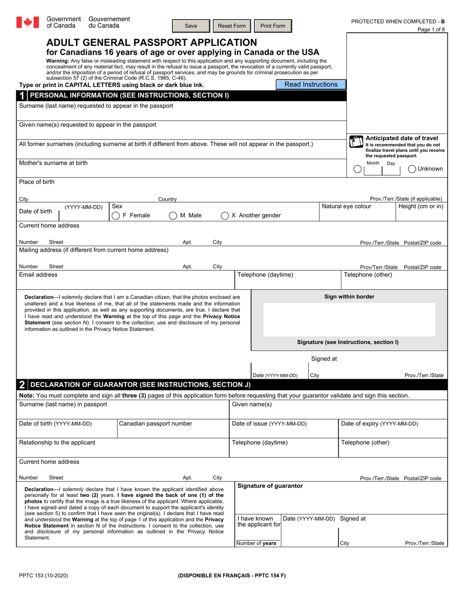Form PPTC153 Adult General Passport Application - Canada, Page 1