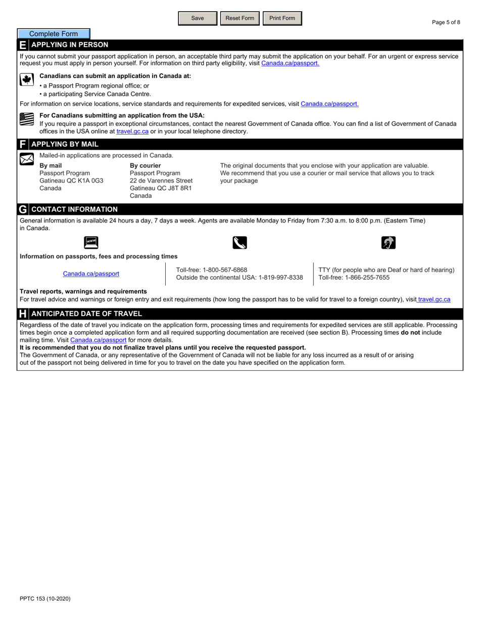 Form PPTC153 Adult General Passport Application - Canada, Page 5