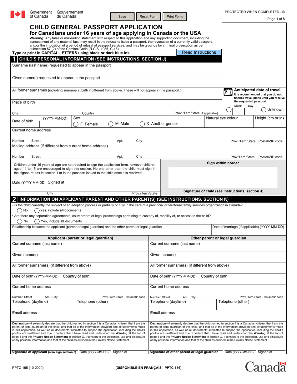 Form PPTC155 Child General Passport Application - Canada, Page 1