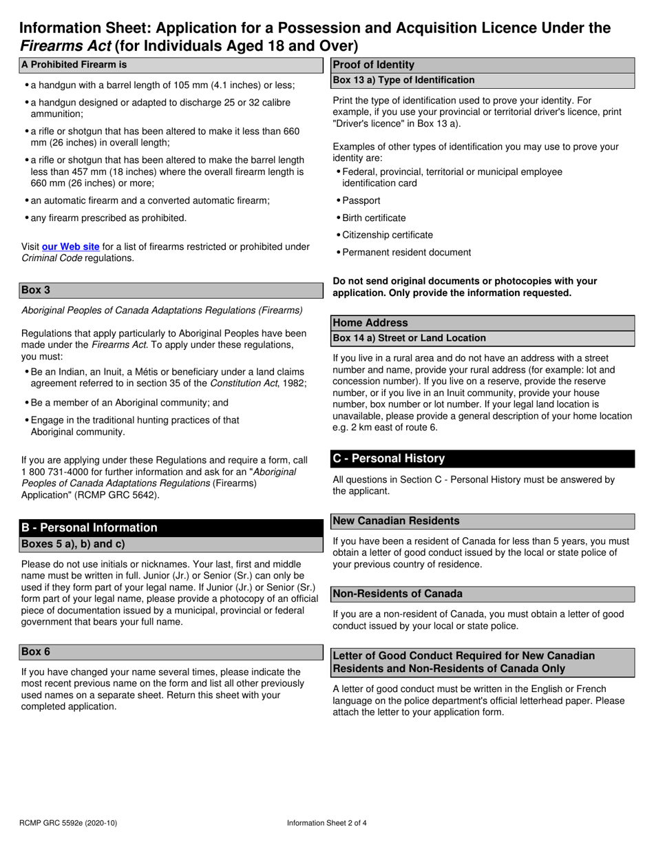 Form RCMP GRC5592 Application for a Possession and Acquisition Licence Under the Firearms Act (For Individuals Aged 18 and Over) - Canada, Page 2