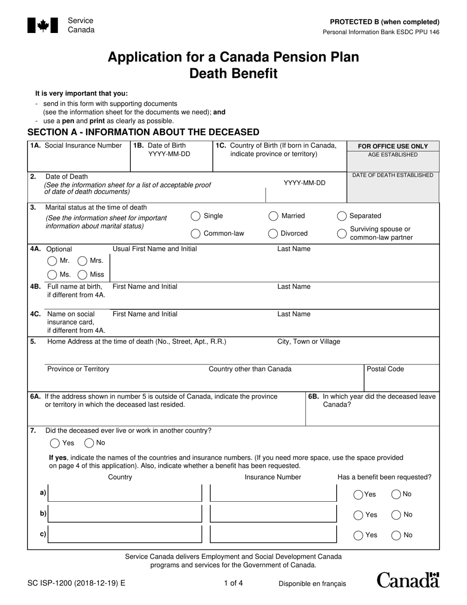 Form SC ISP-1200 Application for Canada Pension Plan Death Benefit - Canada, Page 1