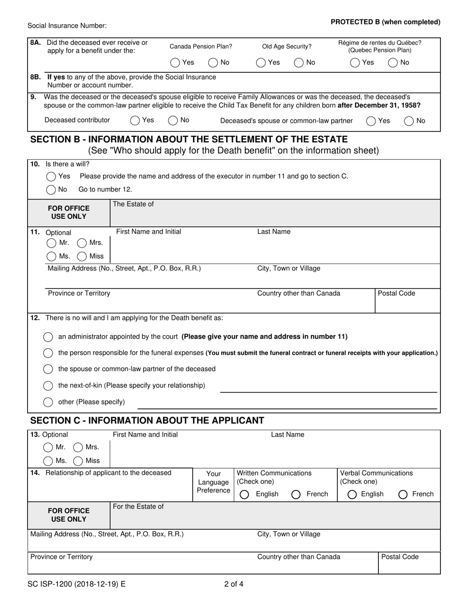 Form SC ISP-1200 Application for Canada Pension Plan Death Benefit - Canada, Page 2
