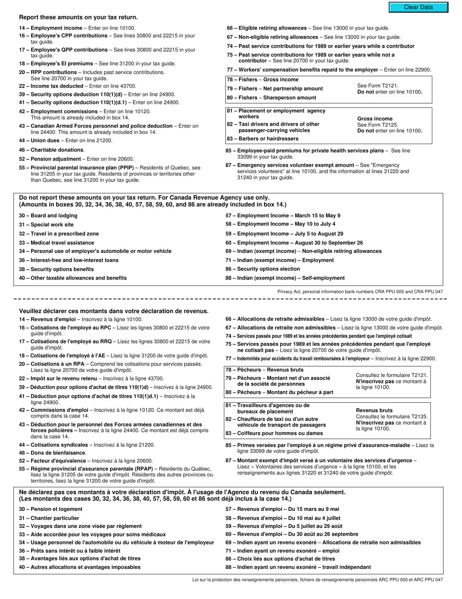 Form T4 Statement of Remuneration Paid - Canada (English / French), Page 2