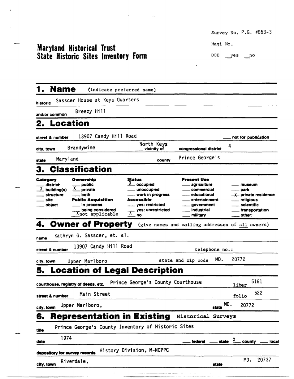 Sample State Historic Sites Inventory Form - Maryland, Page 1