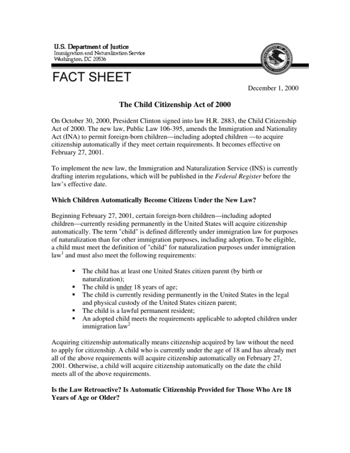 The Child Citizenship Act of 2000 Fact Sheet