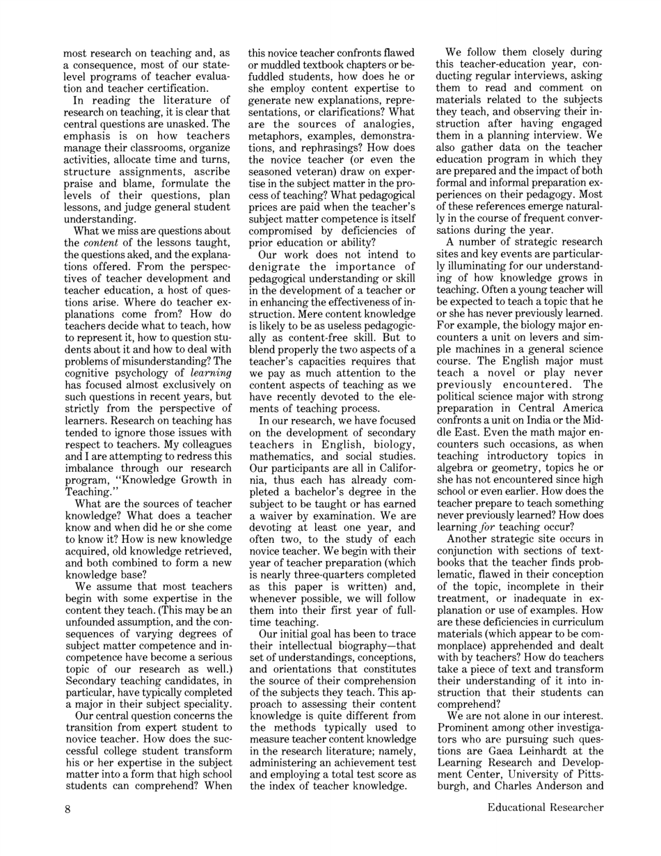 Those Who Understand: Knowledge Growth in Teaching - Lee S. Shulman, American Educational Research Association, Page 6