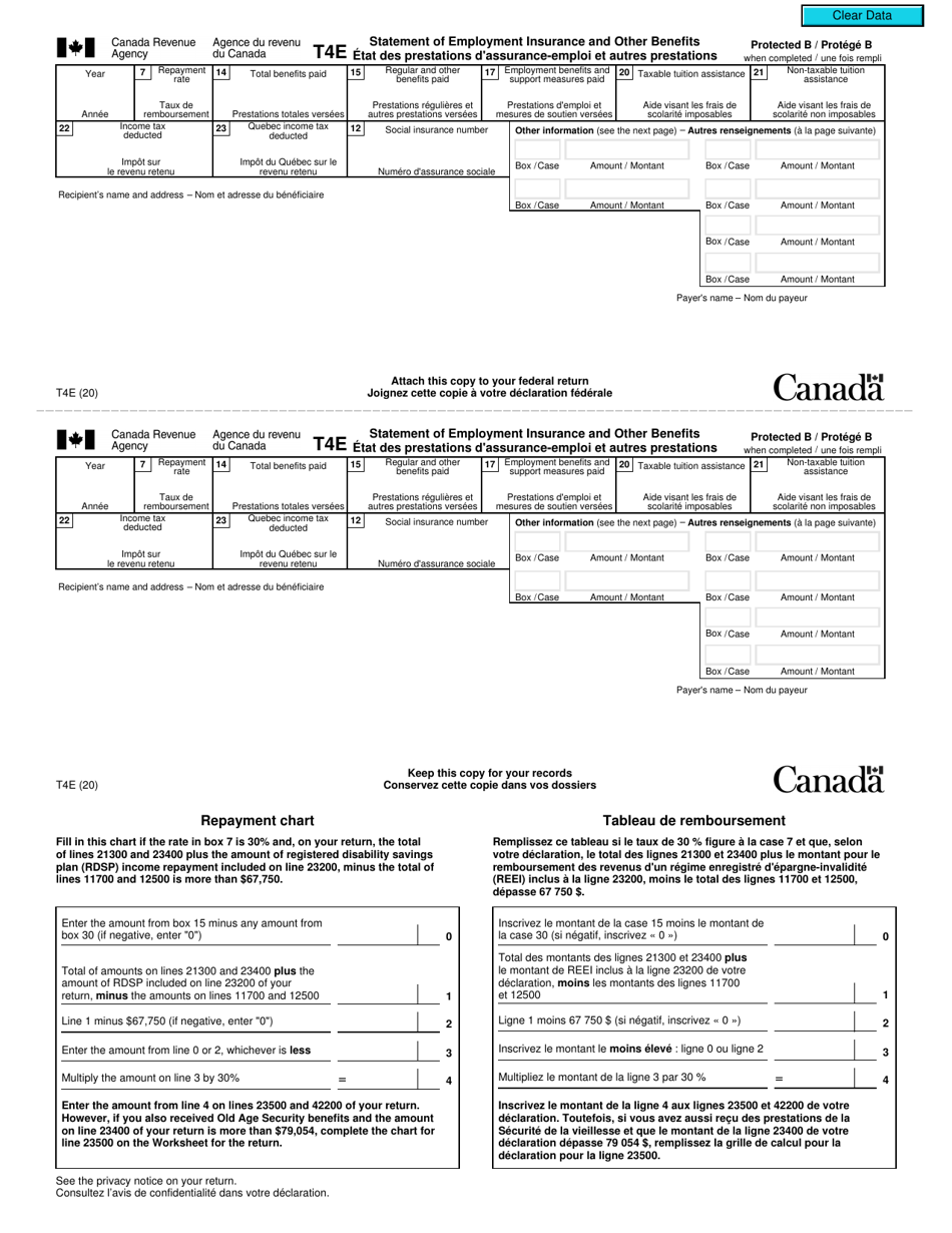 Form T4E Statement of Employment Insurance and Other Benefits - Canada (English / French), Page 1