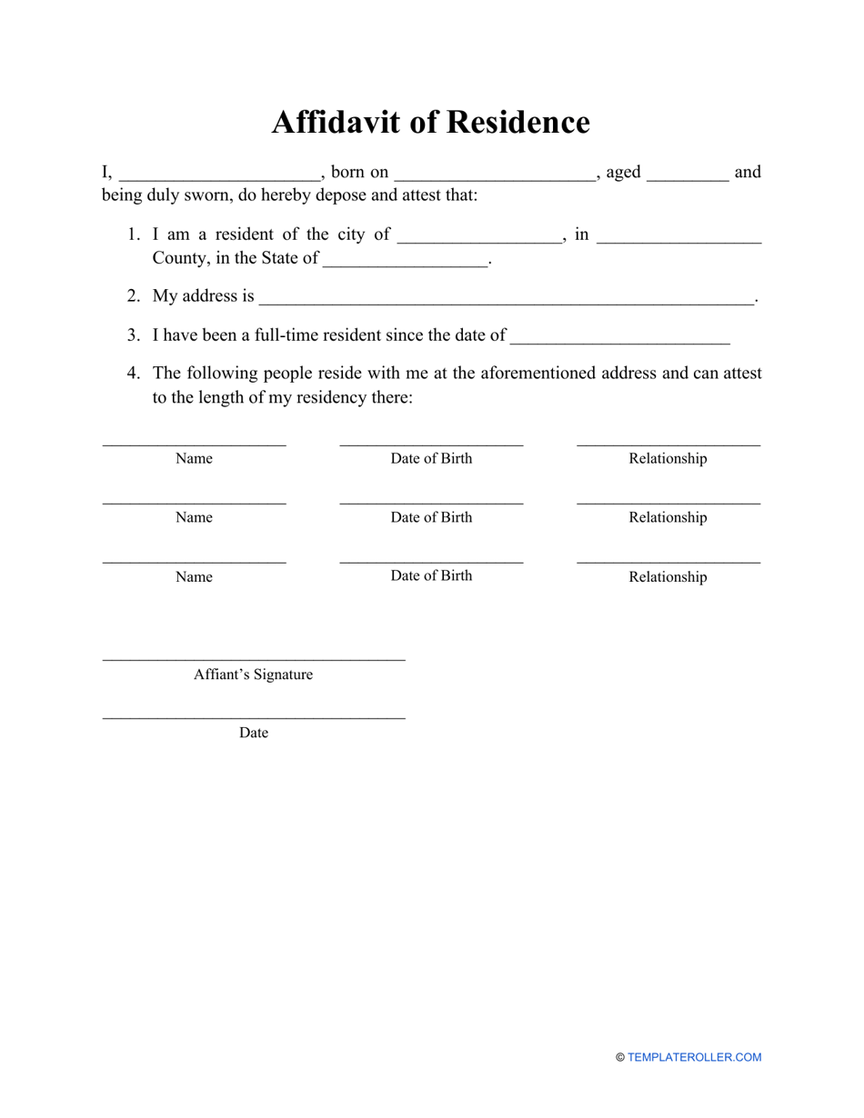 Affidavit of Residence Form, Page 1
