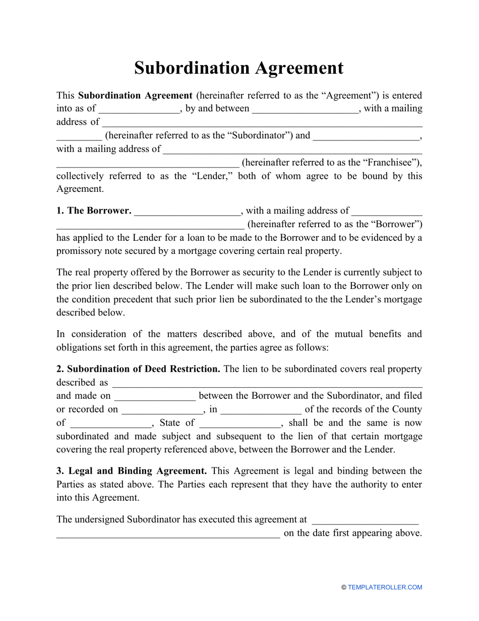 Subordination Agreement Template, Page 1