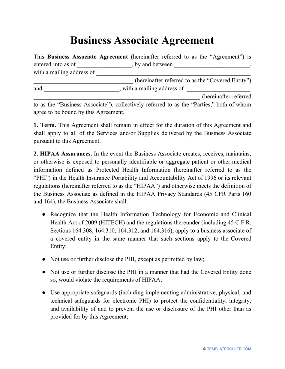 Business Associate Agreement Template, Page 1