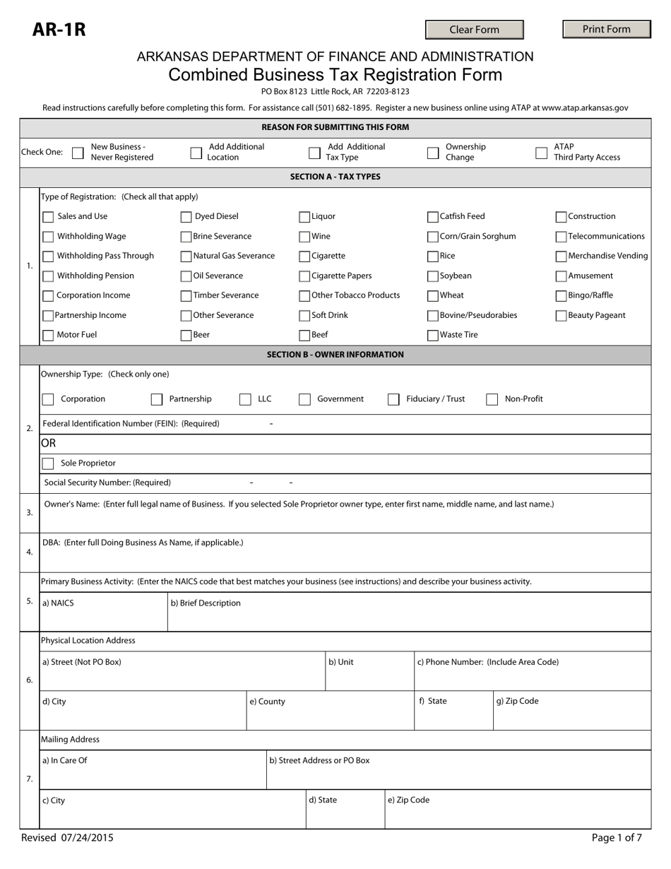 Form AR-1R Combined Business Tax Registration Form - Arkansas, Page 1