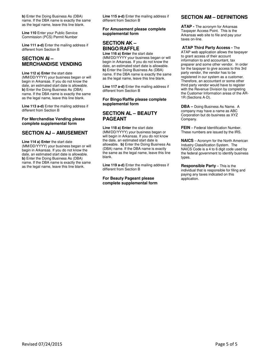Instructions for Form AR-1R Combined Business Tax Registration Form - Arkansas, Page 5