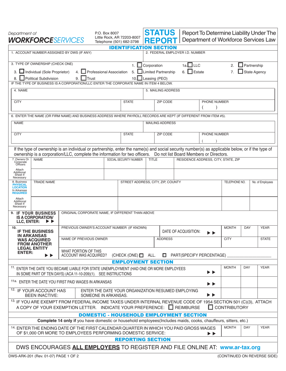 Form DWS-ARK-201 Employer Status Report - Arkansas, Page 1