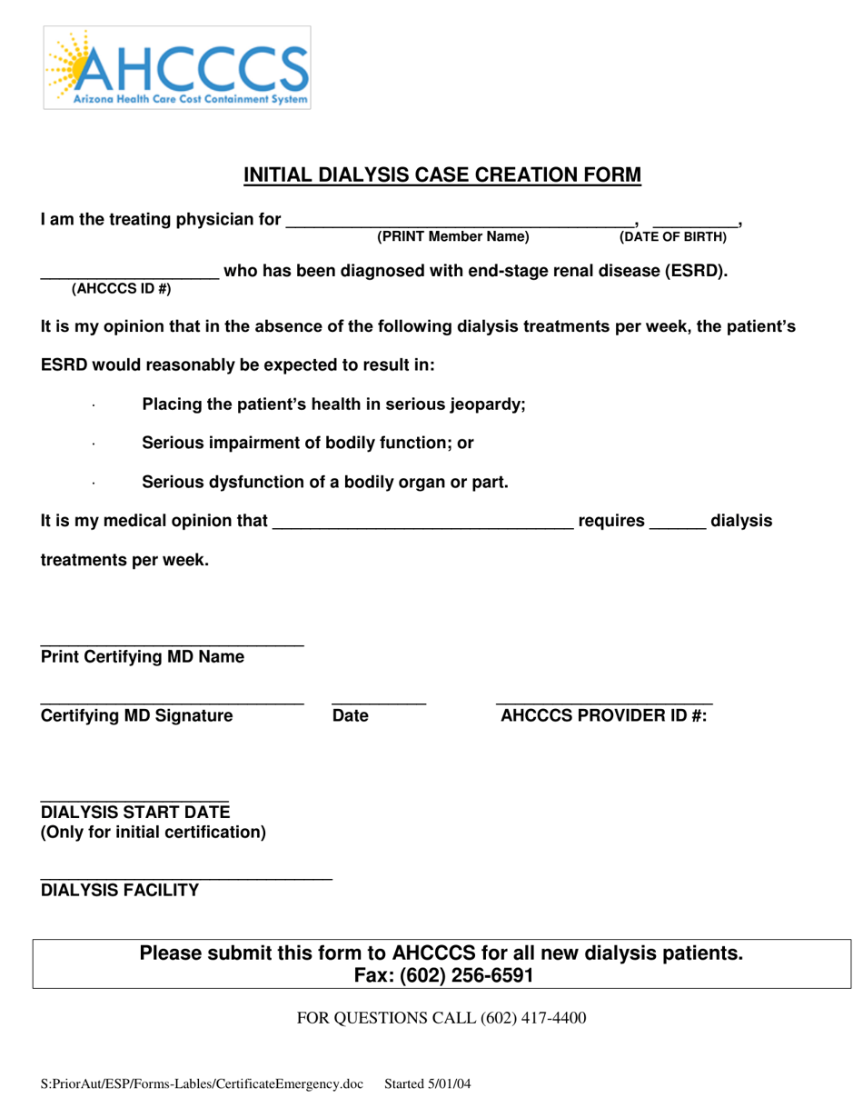 Initial Dialysis Case Creation Form - Arizona, Page 1