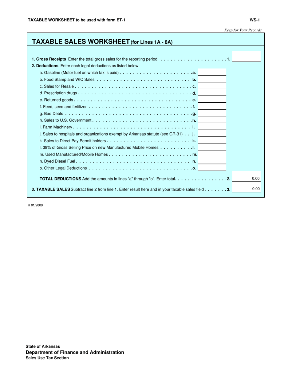 Form WS-1 Taxable Sales Worksheet - Arkansas, Page 1