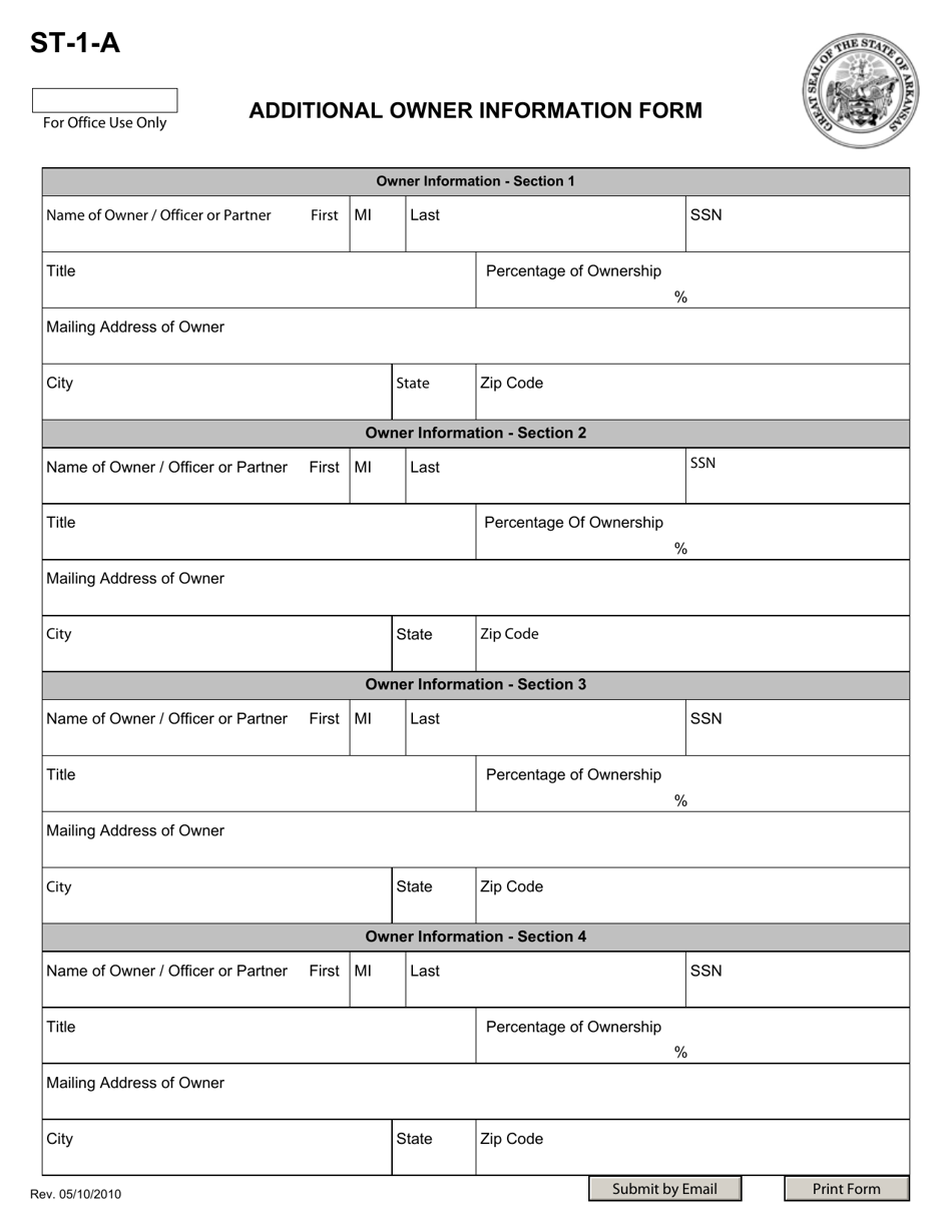 Form ST-1-A Additional Owner Information Form - Arkansas, Page 1