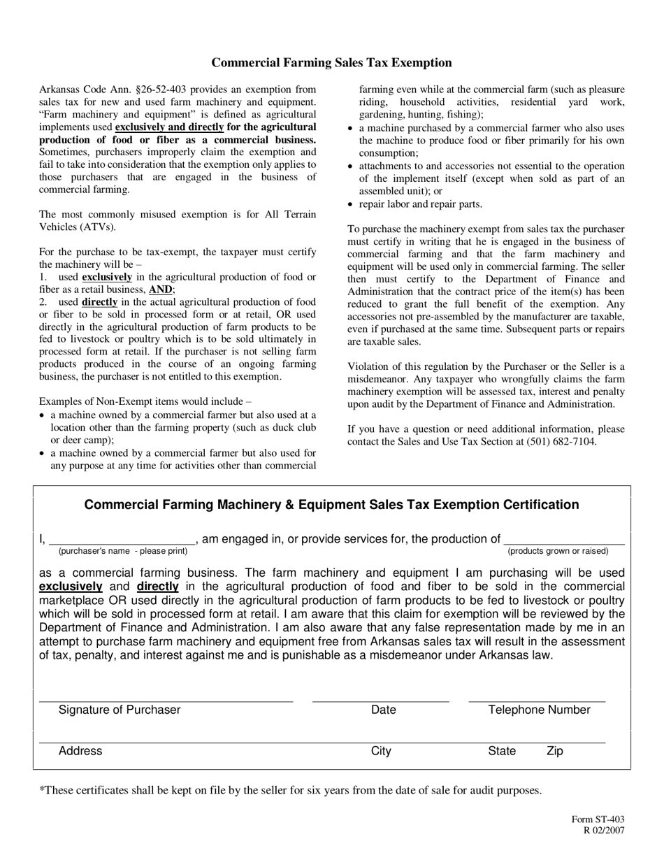 Form ST-403 Commercial Farm Exemption Certificate - Arkansas, Page 1
