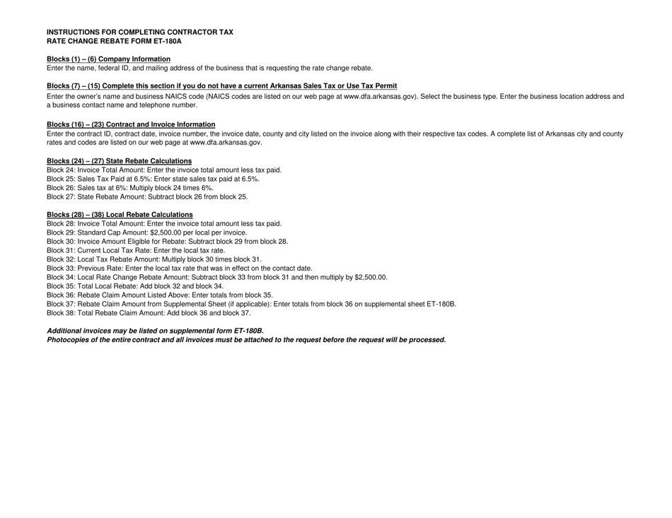 Form ET-180A Contractor Tax Rate Change Rebate Form - Arkansas, Page 2