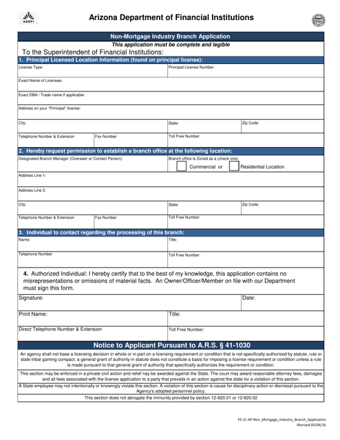 Non-mortgage Industry Branch Application - Arizona Download Pdf