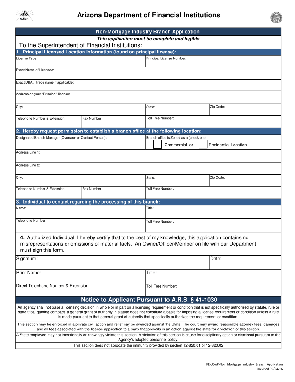 Non-mortgage Industry Branch Application - Arizona, Page 1