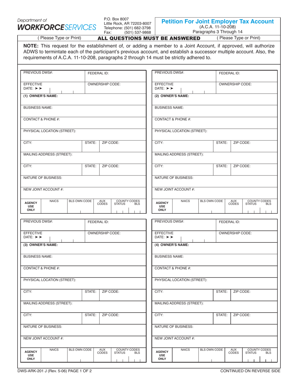 Form DWS-ARK-201J Petition for Joint Employer Tax Account - Arkansas, Page 1