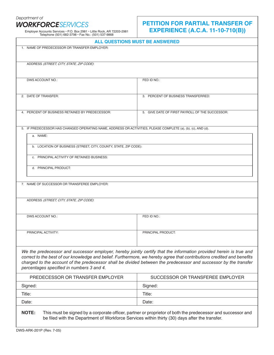 Form DWS-ARK-201P Petition for Partial Transfer of Experience (A.c.a. 11-19-710(B)) - Arkansas, Page 1
