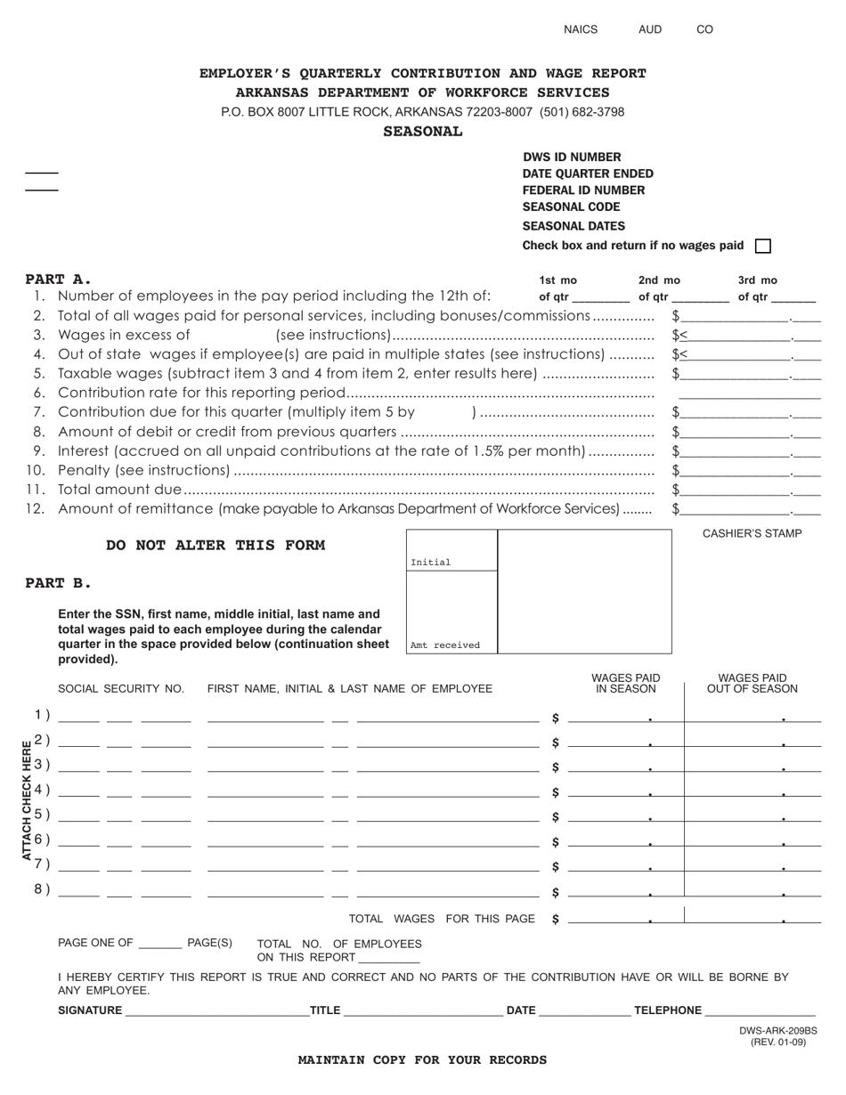 Form DWS-ARK-209BS Employers Quarterly Contribution and Wage Report (Seasonal) - Arkansas, Page 1