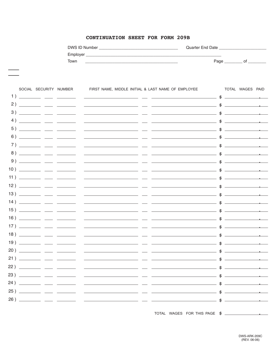 Form DWS-ARK-209C Continuation Sheet for Form 209b - Arkansas, Page 1
