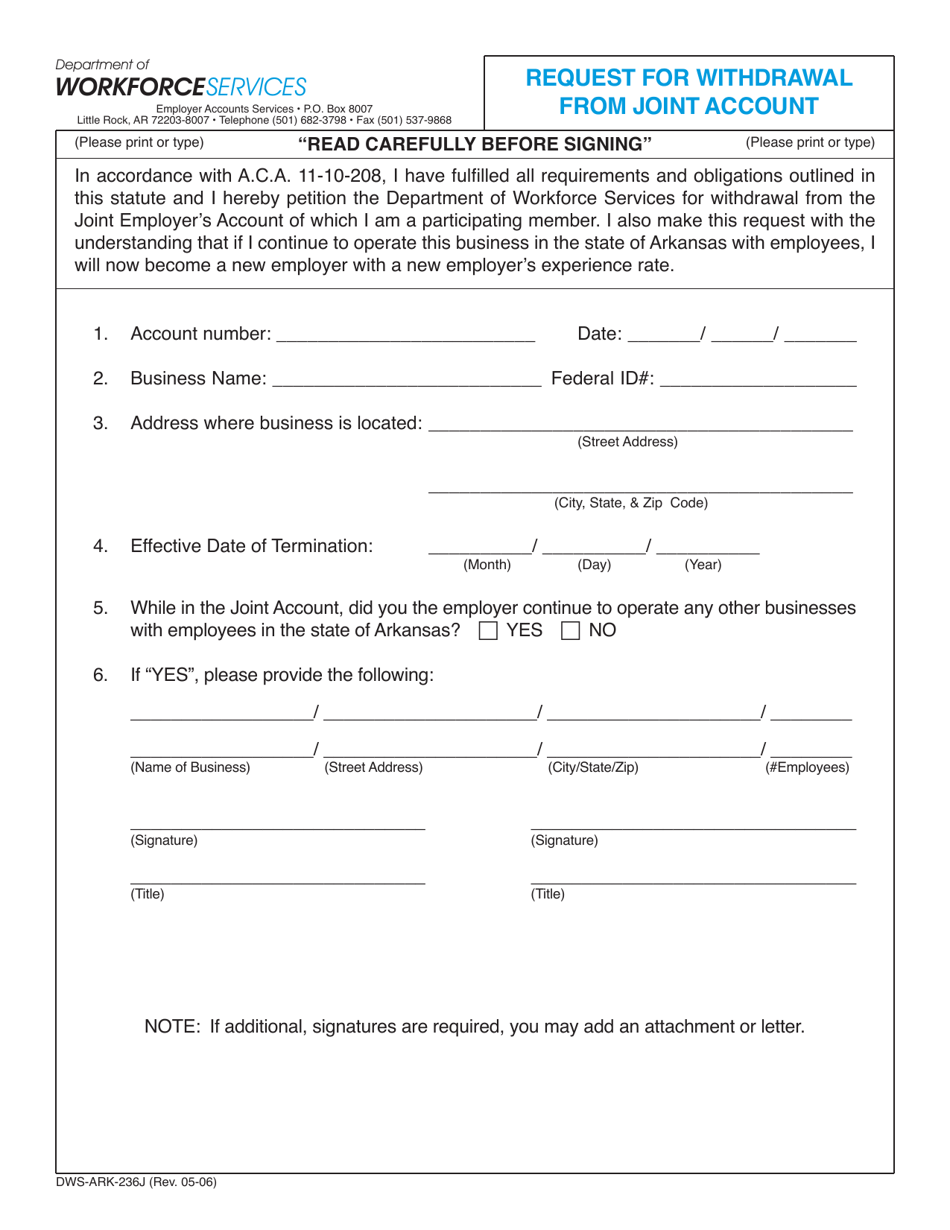 Form DWS-ARK-236J Request for Withdrawal From Joint Account - Arkansas, Page 1