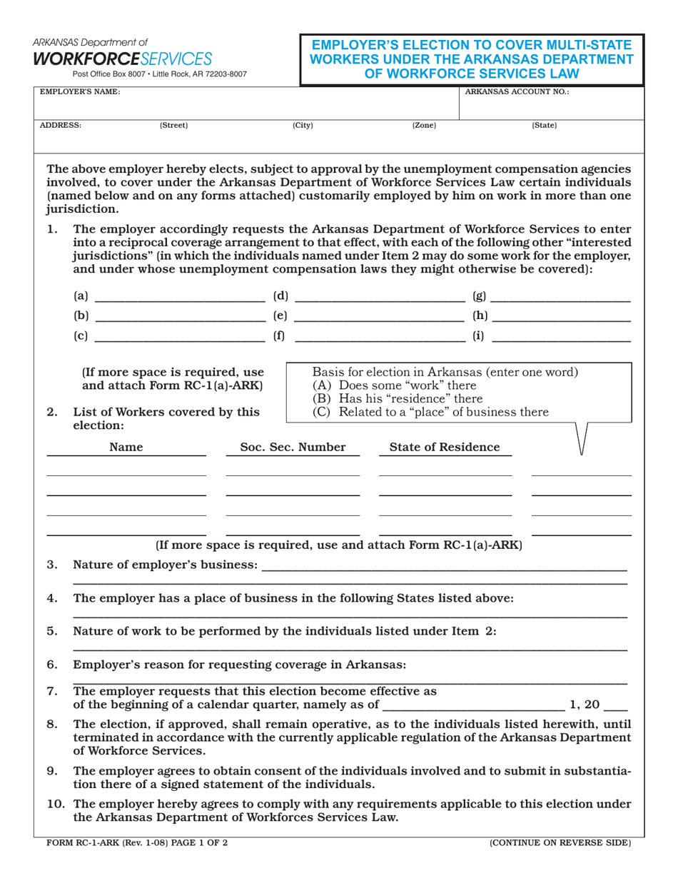Form RC-1-ARK Employers Election to Cover Multi-State Workers Under the Arkansas Division of Workforce Services Law - Arkansas, Page 1