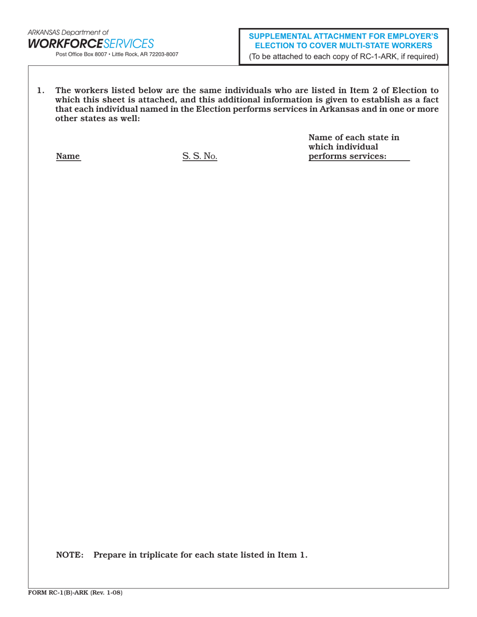 Form RC-1(B)-ARK Supplemental Attachment for Employers Election to Cover Multi-State Workers - Arkansas, Page 1