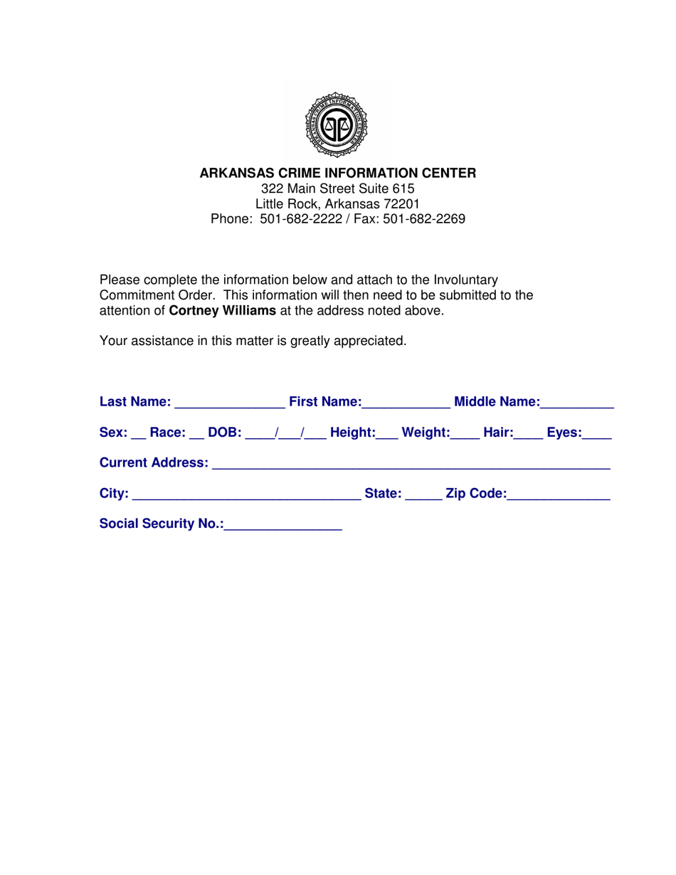 Involuntary Commitment Order Form - Arkansas, Page 1
