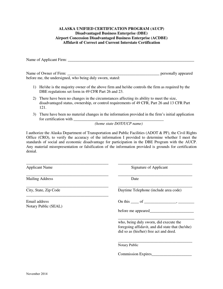 Affidavit of Correct and Current Interstate Certification - Alaska, Page 1