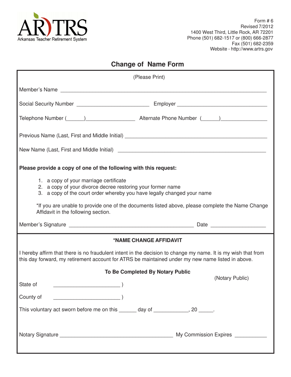 Form 6 Change of Name Form - Arkansas, Page 1