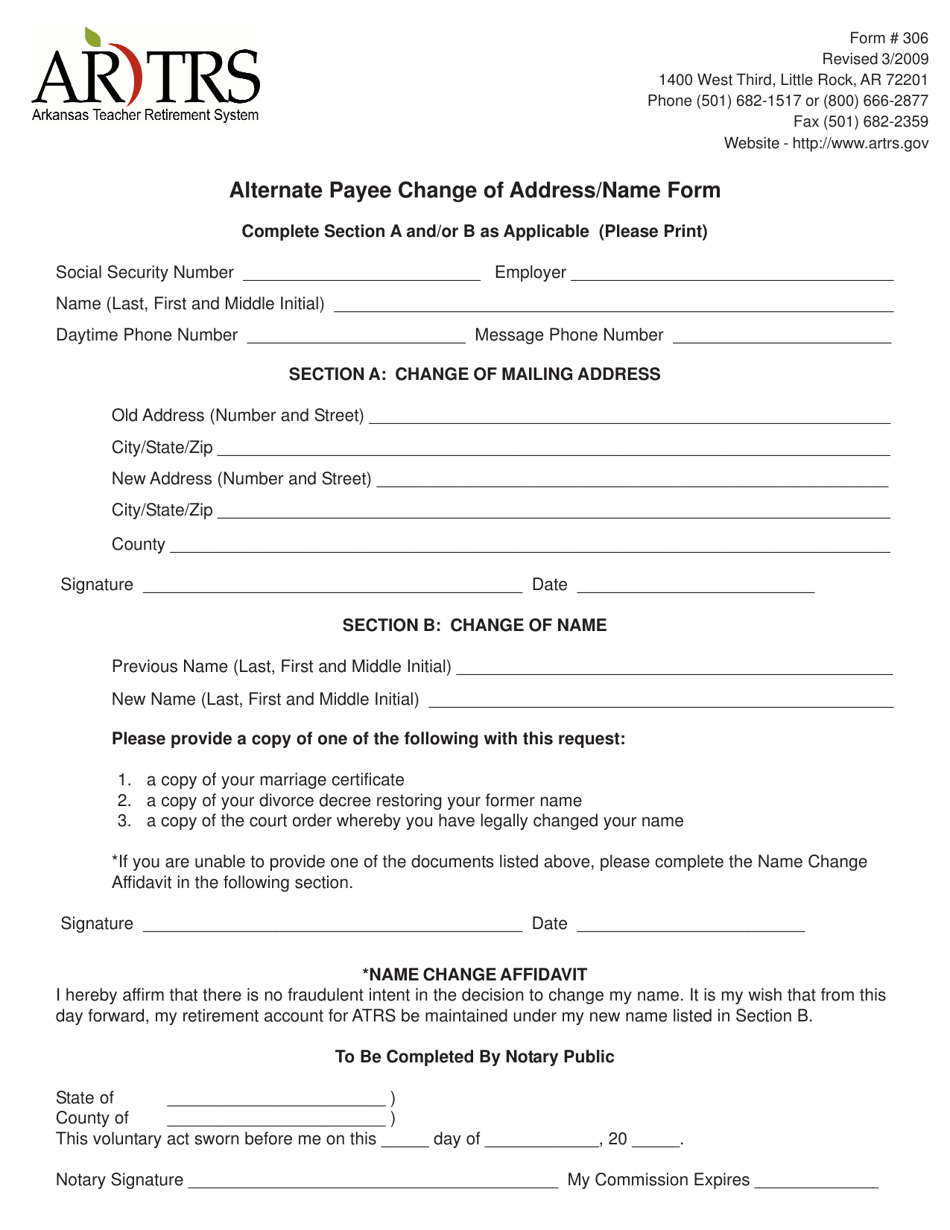 Form 306 Alternate Payee Change of Address / Name Form - Arkansas, Page 1