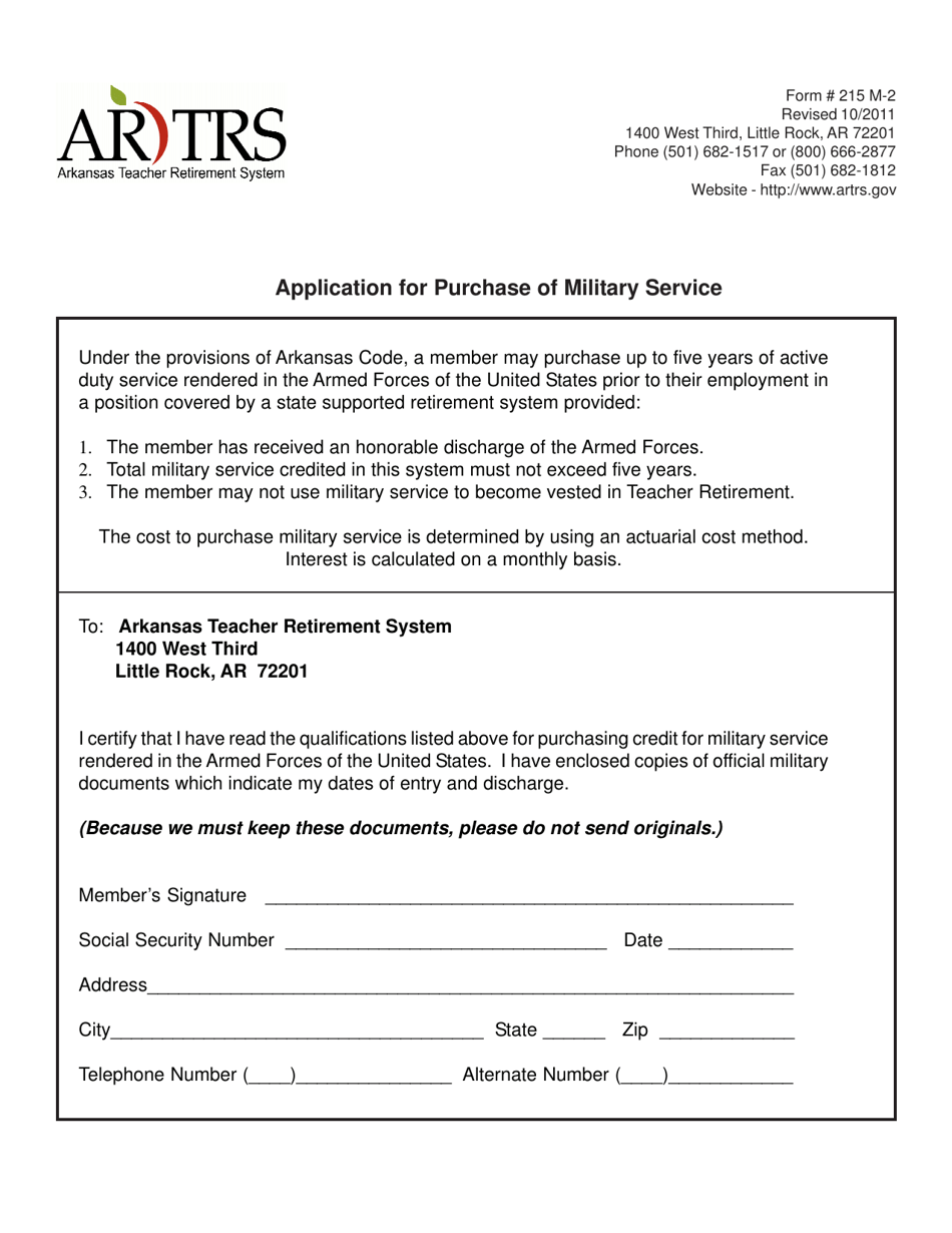 Form 215 M-2 Application for Purchase of Military Service - Arkansas, Page 1