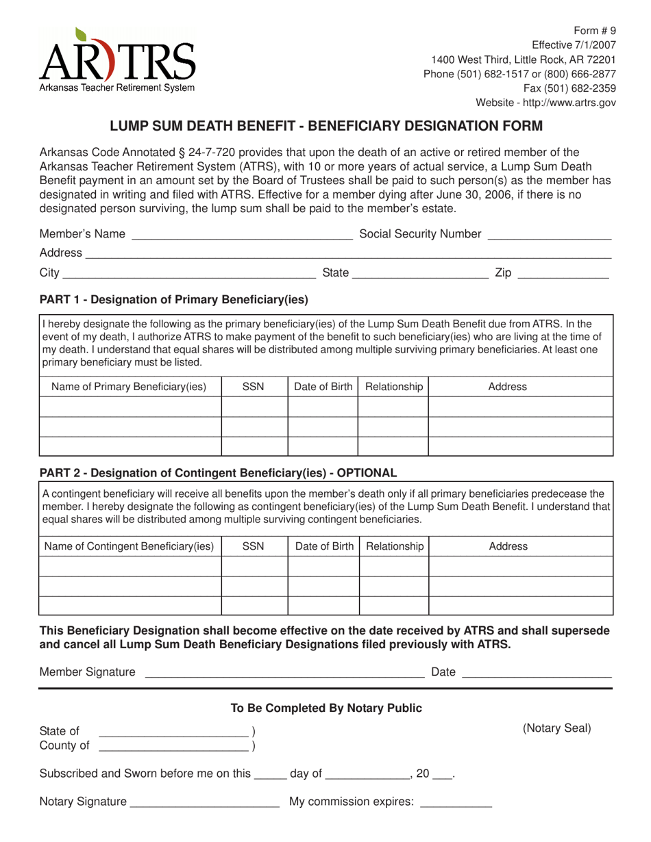 Form 9 Lump Sum Death Benefit - Beneficiary Designation Form - Arkansas, Page 1