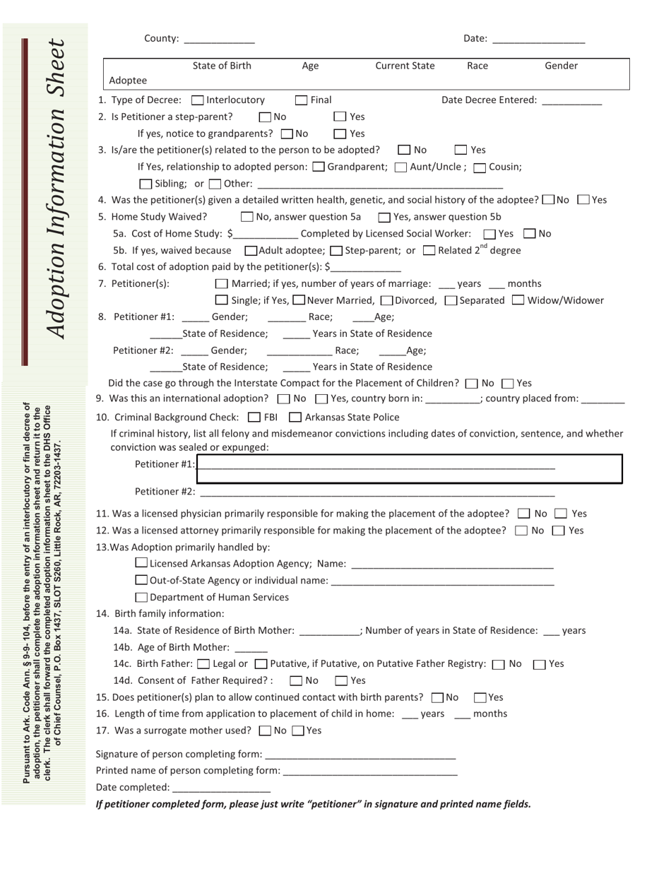 Adoption Information Sheet - Arkansas, Page 1
