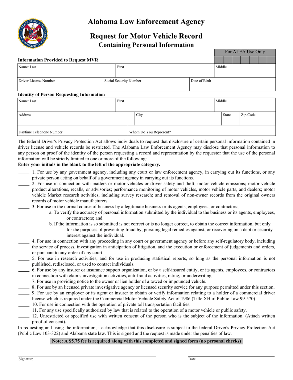 Alabama Request for Motor Vehicle Record Containing Personal