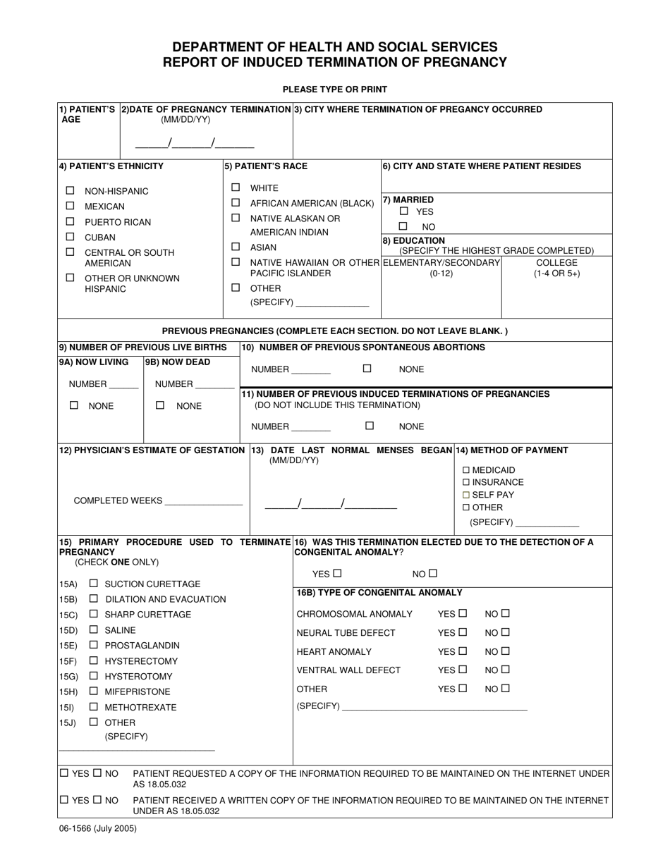 Form 06-1566 Report of Induced Termination of Pregnancy - Alaska, Page 1
