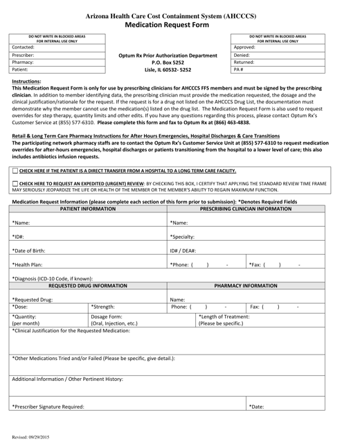 Medication Request Form - Arizona Download Pdf