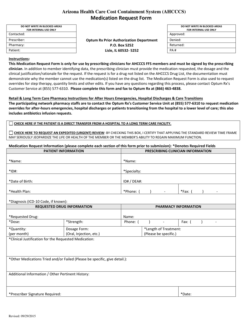 Medication Request Form - Arizona, Page 1